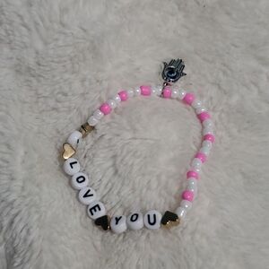Pink and White Beaded Bracelet with Love You Charm